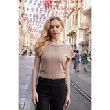 Kadın Modal Penye Geniş Sıfır Yaka Düşük Omuzlu Apoletli Kısa Kol T-shirt Bluz-Camel