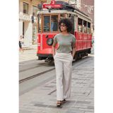 Kadın Modal Penye Geniş Sıfır Yaka Düşük Omuzlu Apoletli Kısa Kol T-shirt Bluz-Haki