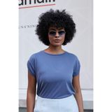 Kadın Modal Penye Geniş Sıfır Yaka Düşük Omuzlu Apoletli Kısa Kol T-shirt Bluz-İndigo
