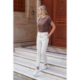 Kadın Modal Penye Geniş Sıfır Yaka Düşük Omuzlu Apoletli Kısa Kol T-shirt Bluz-Kahve