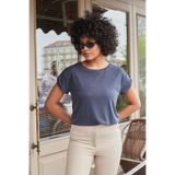 Kadın Modal Penye Geniş Sıfır Yaka Düşük Omuzlu Apoletli Kısa Kol T-shirt Bluz-Lacivert