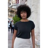 Kadın Modal Penye Geniş Sıfır Yaka Düşük Omuzlu Apoletli Kısa Kol T-Shirt Bluz-Siyah