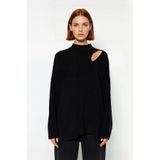 Kadın Modern Oversize Düşük Kol Siyah Akrilik Triko Kazak Cut Out Detaylı Günlük Şıklık Kaliteli -Siyah-L