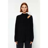 Kadın Modern Oversize Düşük Kol Siyah Akrilik Triko Kazak Cut Out Detaylı Günlük Şıklık Kaliteli