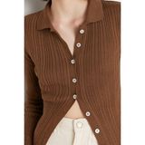 Kadın Modern Tarz Rahat Uzun Polo Yaka Düz Kol Regular Triko Hırka - Kahverengi