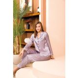 Kadın Mor Saten Çizgili Önden Düğmeli Pijama Takımı, M, LD15074-198IGP100482