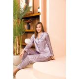 Kadın Mor Saten Çizgili Önden Düğmeli Pijama Takımı, S, LD15074-198IGP100481
