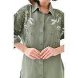 Kadın Nakış İşlemeli Keten Oversize Düğmeli Gömlek (haki, l)