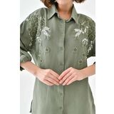 Kadın Nakış İşlemeli Keten Oversize Düğmeli Gömlek (haki, s)