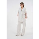 Kadın Natur Kolları Payet Pul Nakışlı Keten Kimono Ceket ve Pantolon Alt/Üst Takım 29061