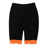 Kadın Neon Dantel Trim Düz Spor Salonu Aktif Tayt Kısa Pantolon Bisikletçi Bisiklet Şortu, Siyah - Neon Turuncu, 8-10