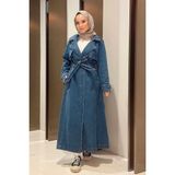 Kadın Neways 6458-Denim Mavi V Yaka Trençkot Rahat Kalıp - 40