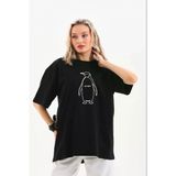 Kadın Nihilist Penguen Özel Tasarım Oversize Bisiklet Yaka Tişört - Siyah