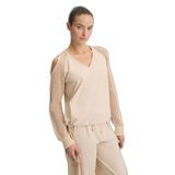 Kadın Normal Kalıp Beli Lastikli V Yaka Omzu Açık Kolları Tül Detaylı Bej Sweatshirt TA5070T2900-41209