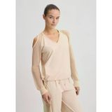 Kadın Normal Kalıp Beli Lastikli V Yaka Omzu Açık Kolları Tül Detaylı Bej Sweatshirt TA5070T2900-41209