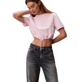 Kadın Normal Kalıp CK Logo Deseni Kısa Kollu Beli İp Büzgülü Crop Pembe T-Shirt LV047F231G-8Z6