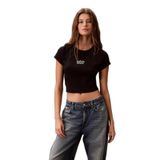 Kadın Normal Kalıp Logo Baskılı Yuvarlak Yakalı Pamuklu Kısa Kollu Crop Siyah T-Shirt LV047G828G-UB1