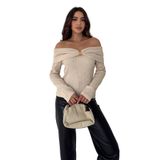 Kadın Omuz Açık Toka Detaylı Bluz – Burgundy Charm, bej, l