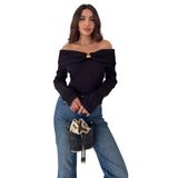 Kadın Omuz Açık Toka Detaylı Bluz – Burgundy Charm, siyah, m
