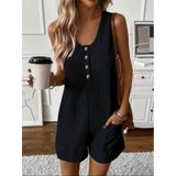 Kadın Omuz Askılı önden Düğmeli Waffle Kısa Tulum - 2XL-3XL - Siyah