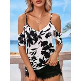 Kadın Omuzlardan Açık Ip Askılı V Yakalı Çiçek Desenli Süprem Bluz - Beyaz / L-Xl