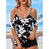 Kadın Omuzlardan Açık Ip Askılı V Yakalı Çiçek Desenli Süprem Bluz - Siyah / L-Xl