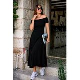 Kadın Omuzlardan Açık Lastikli Uzun Viskon Elbise