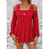 Kadın Omuzlardan Açık Şerit Detaylı Uzun Kollu Viskon Bluz - Kırmızı / L-Xl