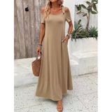 Kadın Omuzlardan Açık Yuvarlak Yakalı Kuş Gözü Detaylı Uzun Viskon Elbise - Altın / L-Xl