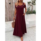 Kadın Omuzlardan Açık Yuvarlak Yakalı Kuş Gözü Detaylı Uzun Viskon Elbise - Bordo / 2Xl-3Xl