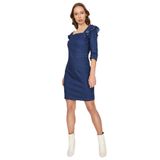 Kadın Omuzları Fırfırlı Denim Elbise Blue Mavi 42