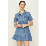 Kadın Önden Düğmeli Eteği Fırfırlı Denim Elbise Blue Mavi 34