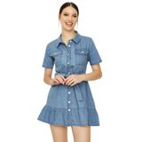 Kadın Önden Düğmeli Eteği Fırfırlı Denim Elbise Blue Mavi 38