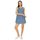 Kadın Önden Düğmeli Eteği Volanlı Denim Elbise Blue Mavi 34