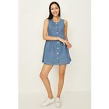 Kadın Önden Düğmeli Eteği Volanlı Denim Elbise Blue Mavi 38