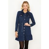 Kadın Önden Düğmeli Kuşaklı Etekleri Fırfırlı Denim Elbise Blue Mavi 36