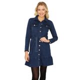 Kadın Önden Düğmeli Kuşaklı Etekleri Fırfırlı Denim Elbise Blue Mavi 44