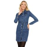 Kadın Önden Düğmeli Kuşaklı Uzun Kollu Denim Elbise Blue Mavi 36