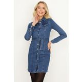 Kadın Önden Düğmeli Kuşaklı Uzun Kollu Denim Elbise Blue Mavi 44