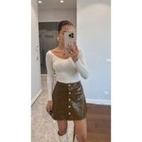 Kadın Önü Düğmeli Deri Mini Etek - Olive - S