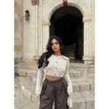 Kadın Önü Düğmeli Örme Crop Triko Kazak - Ekru