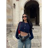 Kadın Önü Düğmeli Örme Crop Triko Kazak - Lacivert