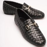 Kadın Örgü Desenli Gold Metal Tokalı Loafer Ayakkabı - Tam Kalıp & Geniş Tarak Uyumlu Günlük Ofis Ayakkabısı (Siyah, EU Ayakkabı Beden Sistemi, Yetişkin, Kadın, Sayısal, Geniş, 38)