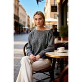 Kadın Örme Bluz Relaxed Kalıp Asimetrik Yaka Düşük Omuz Uzun Kol Yumoş Düz Kumaş Regular Kesim