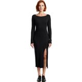Kadın Örme Bodycon Elbise Midi Boy Kayık Yaka Uzun Kollu Yırtmaç Detaylı Günlük Şık Kombinler İçin-Siyah-XS