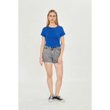 Kadın Örme Ribana Crop T-Shirt - Saks Mavi - XS