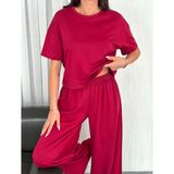 Kadın Osy Modal Yumuşak Dokulu Kumaş Bisiklet Yaka T-Shirt Bol Paça Pantolon İkili Takım -Bordo
