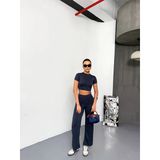 Kadın Osy Modal Yumuşak Dokulu Kumaş Kısa Kollu Crop Alt Ispanyol Paça Pantolon Ikili Takım - Füme