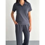 Kadın Osy Modal Yumuşak Dokulu Kumaş Kısa Kollu Yakalı T-Shirt Pantolon Ikili Takım- Antrasit