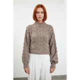 Kadın Oversize Balon Kol Dik Yaka Saç Örgü Crop Akrilik Triko Kazak Kış Modasına Uyumlu Kaliteli -Vizon-S